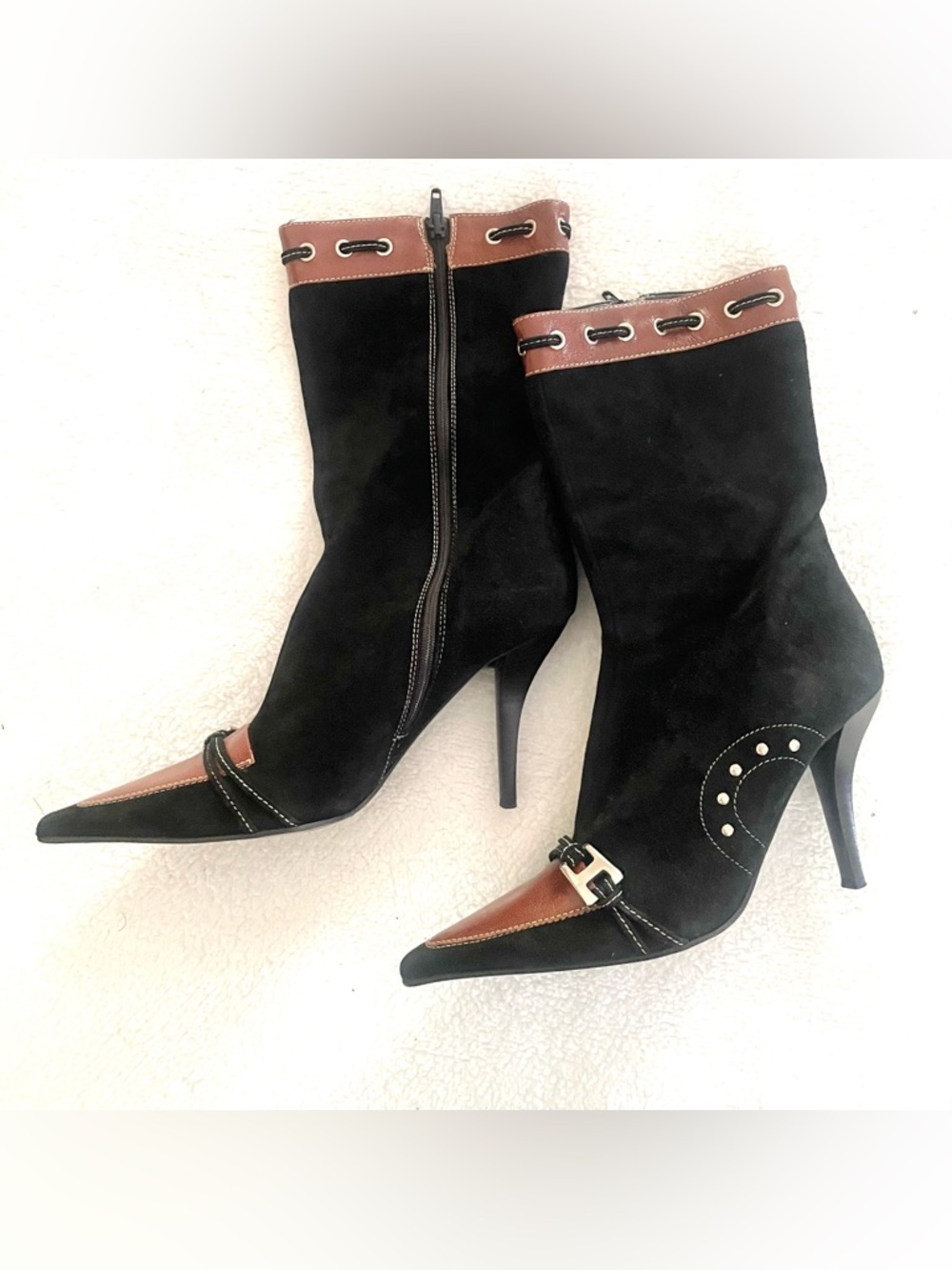 Bellofatto Made in Italy Black Suede & Brown Leather Trim Stiletto Heel Booties